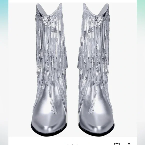 *NEW* TAYLOR SWIFT INSPIRED SILVER SEQUIN FRINGED COWBOY BOOTS 9.5 - Picture 4 of 9
